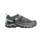 Side view of Women’s Targhee Vent hiking shoe in steel grey and ocean wave – featuring a breathable mesh upper with durable synthetic overlays for lightweight support, cushioned midsole for long-lasting comfort, and protective toe cap for trail durability.