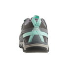 Back view of Women’s Targhee Vent hiking shoe in steel grey and ocean wave – featuring a molded heel counter for rearfoot stability, pull tab for easy on and off, and reflective accents for visibility in low-light conditions.