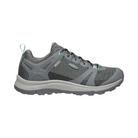 Side view of Women’s Terradora II Low Waterproof hiking shoe in steel grey and ocean wave – featuring a waterproof nubuck leather and mesh upper, cushioned midsole with shock-absorbing properties to reduce joint impact, and reinforced toe and heel overlays for durability.