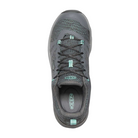 Top view of Women’s Terradora II Low Waterproof hiking shoe in steel grey and ocean wave – featuring padded collar and tongue for ankle support, moisture-wicking lining to maintain healthy skin, and secure lace-up closure for a locked-in, stable fit.