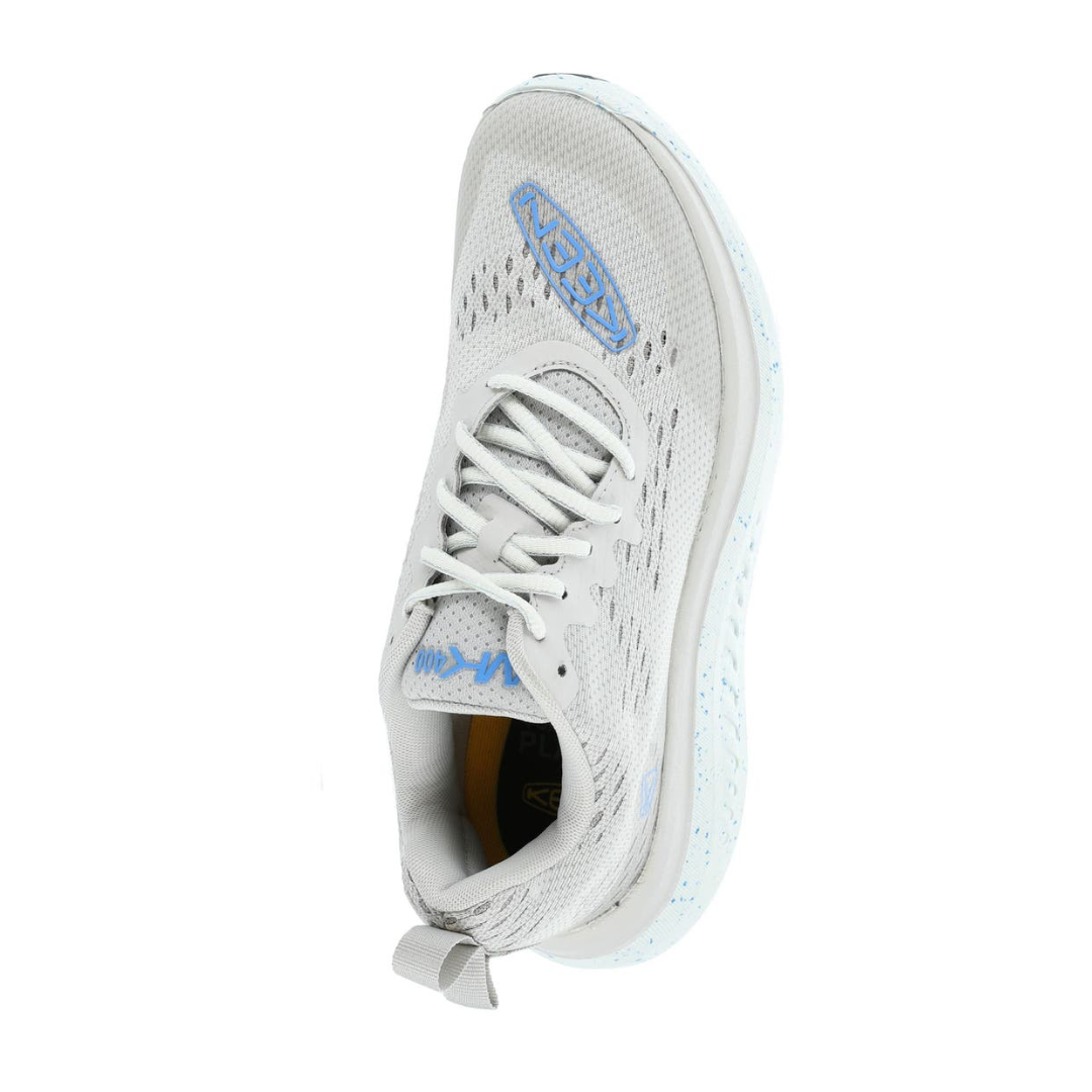 Top view of Keen Women's WK400 in Vapor/Azure Blue – featuring a breathable engineered mesh upper in light grey with azure blue accents, padded tongue and collar, and a traditional lace-up closure designed for a snug, foot-hugging fit.