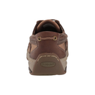 Back View of Men’s Dunham Captain Boat Shoe in Java leather – showcasing a padded collar for ankle support, heel pull tab for easy on and off, and a non-marking, slip-resistant siped rubber outsole for traction.