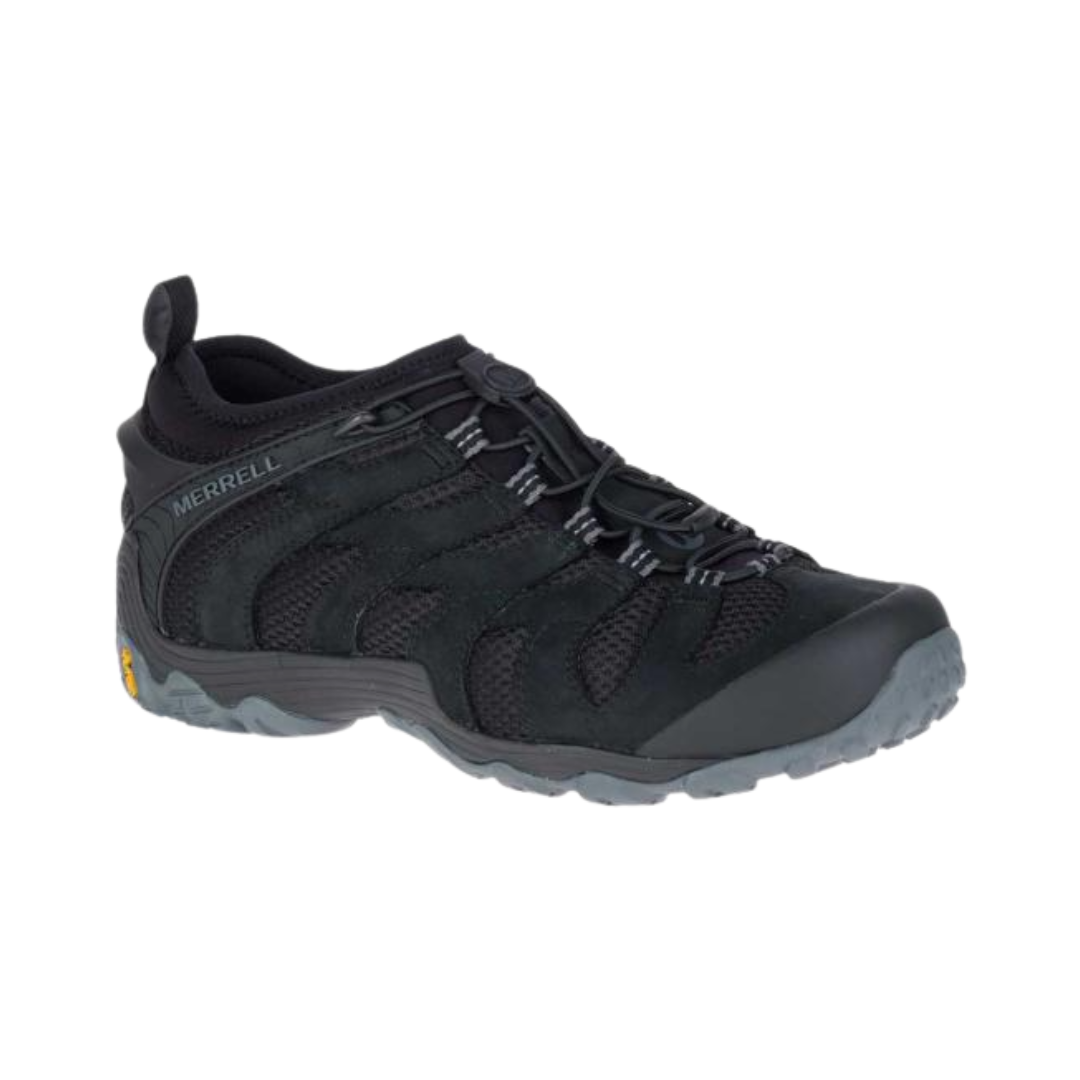 Side view of the Men’s Merrell Chameleon 7 Stretch in Black, showcasing the durable nubuck leather and mesh upper, elastic cord and lock lacing system, protective rubber toe cap, and supportive EVA midsole. Designed for stability, breathability, and adaptive comfort on rugged terrain.