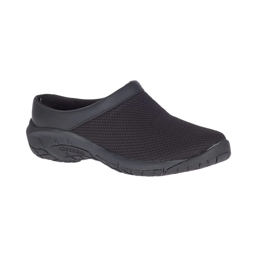 Side view of the Women’s Merrell Encore Breeze 4 Slip-On in Black, featuring a breathable mesh and leather upper with a lightweight, streamlined design. The shoe includes a supportive EVA midsole and Merrell Air Cushion heel for shock absorption, making it ideal for work, travel, and all-day comfort.