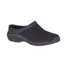 Side view of the Women’s Merrell Encore Breeze 4 Slip-On in Black, featuring a breathable mesh and leather upper with a lightweight, streamlined design. The shoe includes a supportive EVA midsole and Merrell Air Cushion heel for shock absorption, making it ideal for work, travel, and all-day comfort.
