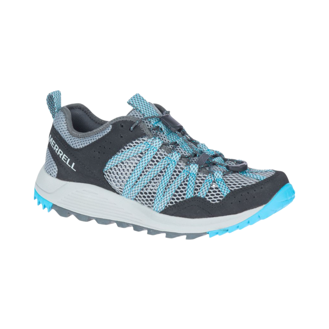 Side view of the Women’s Merrell Wildwood Aerosport in Monument, featuring a breathable synthetic leather and mesh upper with an open, airy design. The shoe includes an elastic cord and lock lacing system, lightweight EVA midsole, and Merrell Air Cushion in the heel for shock absorption and stability—ideal for trails, travel, and warm-weather adventures.