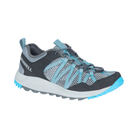 Side view of the Women’s Merrell Wildwood Aerosport in Monument, featuring a breathable synthetic leather and mesh upper with an open, airy design. The shoe includes an elastic cord and lock lacing system, lightweight EVA midsole, and Merrell Air Cushion in the heel for shock absorption and stability—ideal for trails, travel, and warm-weather adventures.