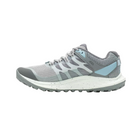 Side view of Women’s Merrell Antora 3 hiking shoe in highrise – featuring a durable synthetic and mesh upper for breathability, cushioned midsole with enhanced shock absorption to reduce joint stress and alleviate plantar fasciitis pain, and reinforced toe cap for trail protection.