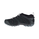 Side view of the Men’s Merrell Chameleon 7 Stretch in Black, showcasing the durable nubuck leather and mesh upper, elastic cord and lock lacing system, protective rubber toe cap, and supportive EVA midsole. Designed for stability, breathability, and adaptive comfort on rugged terrain.