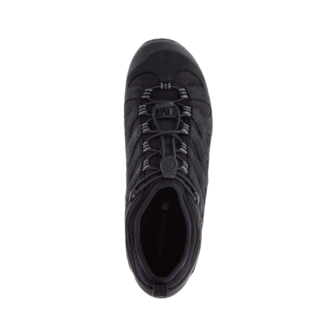 Top view of the Men’s Merrell Chameleon 7 Stretch in Black, highlighting the slip-on elastic cord lacing, breathable mesh panels, and contoured interior featuring the Kinetic Fit BASE removable insole. Provides a secure, adaptive fit suitable for hiking, travel, and everyday outdoor use.