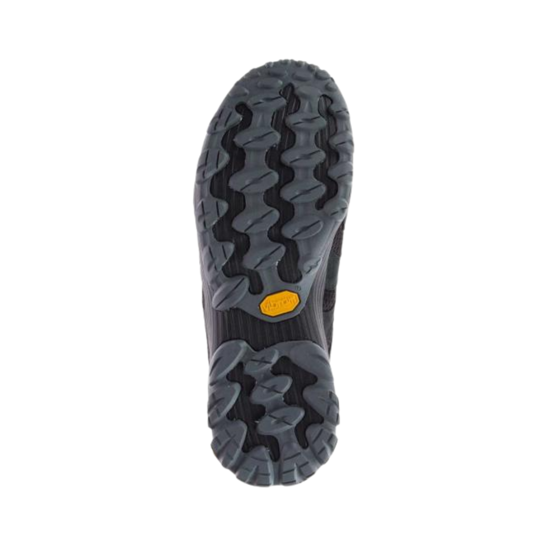 Bottom view of the Men’s Merrell Chameleon 7 Stretch in Black, showing the Vibram TC5+ outsole with durable, multi-directional traction designed for grip on wet, dry, and uneven terrain. Includes a molded TPU heel counter and structured tread for superior stability on challenging trails.