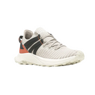 Angled View of Men’s Merrell Embark Lace Sneaker in white, black and orange – featuring breathable knit upper, FloatPro™ Foam midsole, and eco-friendly comfort for everyday wear.
