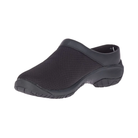 Side view of the Women’s Merrell Encore Breeze 4 Slip-On in Black, featuring a breathable mesh and leather upper with a lightweight, streamlined design. The shoe includes a supportive EVA midsole and Merrell Air Cushion heel for shock absorption, making it ideal for work, travel, and all-day comfort.