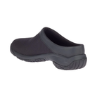 Side view of the Women’s Merrell Encore Breeze 4 Slip-On in Black, featuring a breathable mesh and leather upper with a lightweight, streamlined design. The shoe includes a supportive EVA midsole and Merrell Air Cushion heel for shock absorption, making it ideal for work, travel, and all-day comfort.