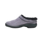 Side view of Women’s Merrell Encore Ice 4 slip-on in shark – featuring a waterproof leather upper with insulated lining for warmth in cold conditions, cushioned midsole with advanced shock absorption to reduce impact on joints and alleviate arthritis discomfort, and reinforced toe for added protection.