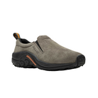 Angled view of Men’s Merrell Jungle Moc in Gunsmoke – featuring a suede slip-on upper in earthy grey tones, cushioned midsole, air cushion heel, and rugged rubber sole for comfort, support, and casual everyday performance.