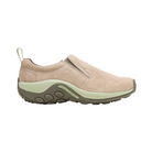 Side View of Women’s Merrell Jungle Moc in brindle tea – featuring easy slip-on suede design, molded nylon arch shank, and breathable mesh lining.