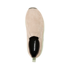 Top View of Women’s Merrell Jungle Moc slip-on shoe in brindle/tea – featuring a soft suede upper, dual elastic side panels for easy slip-on wear, and a cushioned insole for everyday comfort.