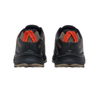 Back view of Men’s Merrell Moab Speed hiking shoe in brindle – featuring molded heel counter for rearfoot stability, pull tab for easy on and off, and reflective accents for low-light visibility.
