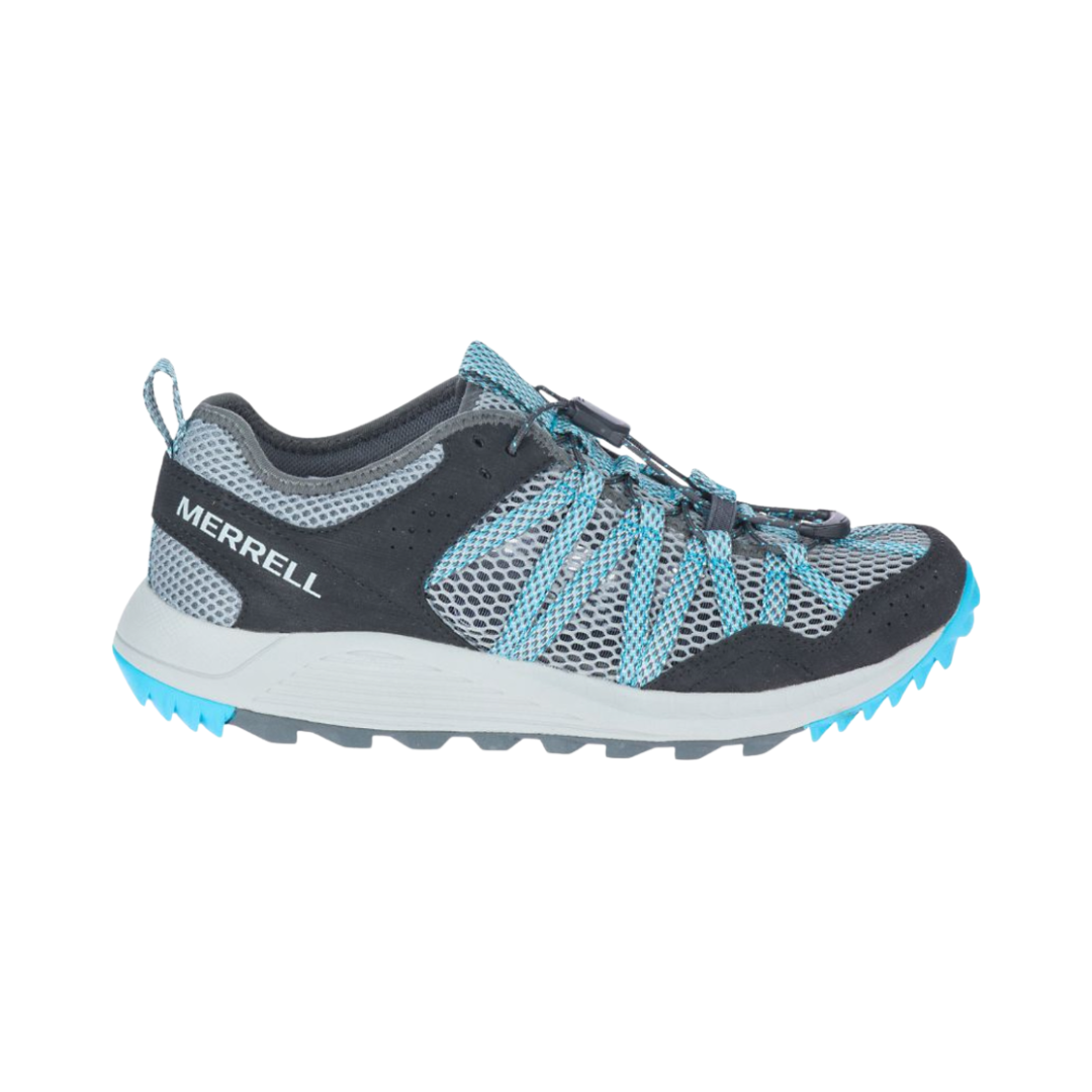 Side view of the Women’s Merrell Wildwood Aerosport in Monument, featuring a breathable synthetic leather and mesh upper with an open, airy design. The shoe includes an elastic cord and lock lacing system, lightweight EVA midsole, and Merrell Air Cushion in the heel for shock absorption and stability—ideal for trails, travel, and warm-weather adventures.