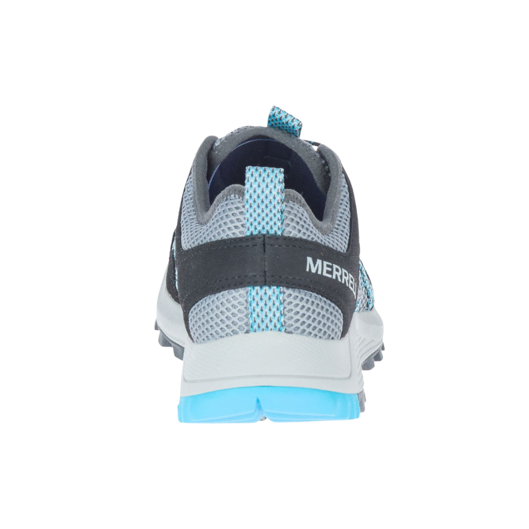Back view of the Women’s Merrell Wildwood Aerosport in Monument, featuring a breathable synthetic leather and mesh upper with an open, airy design. The shoe includes an elastic cord and lock lacing system, lightweight EVA midsole, and Merrell Air Cushion in the heel for shock absorption and stability—ideal for trails, travel, and warm-weather adventures.