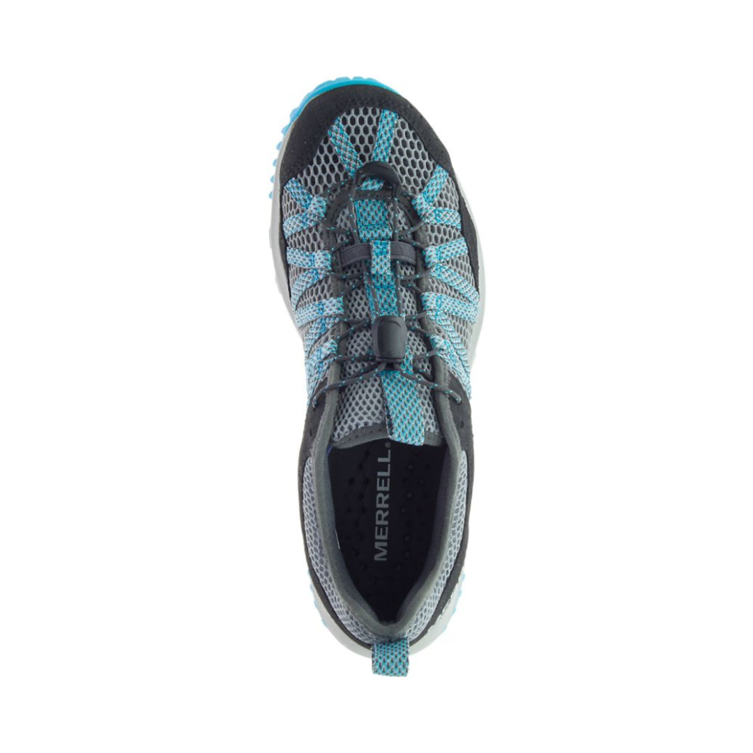 Top view of the Women’s Merrell Wildwood Aerosport in Monument, highlighting the ventilated mesh upper, quick-adjust elastic cord lacing, and roomy design that keeps feet cool. The contoured Kinetic Fit BASE insole provides natural shaping and comfort for hiking, walking, and everyday outdoor wear.