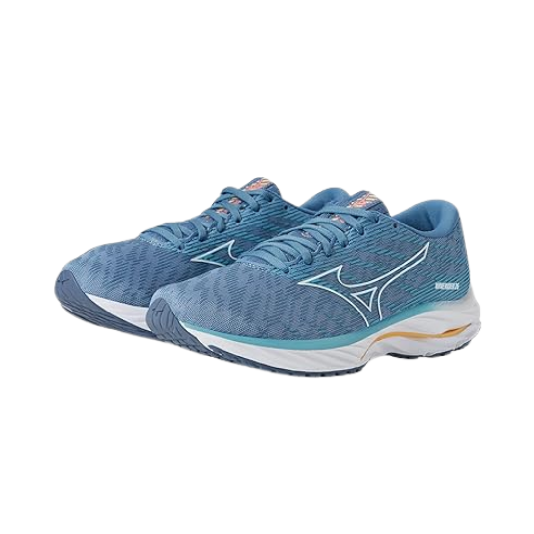 Side view of Women’s Wave Rider 26 running shoe in mountain spring and white – featuring a full-length Enerzy midsole for enhanced cushioning, wave plate technology for smooth transitions, and engineered mesh upper for breathable support.