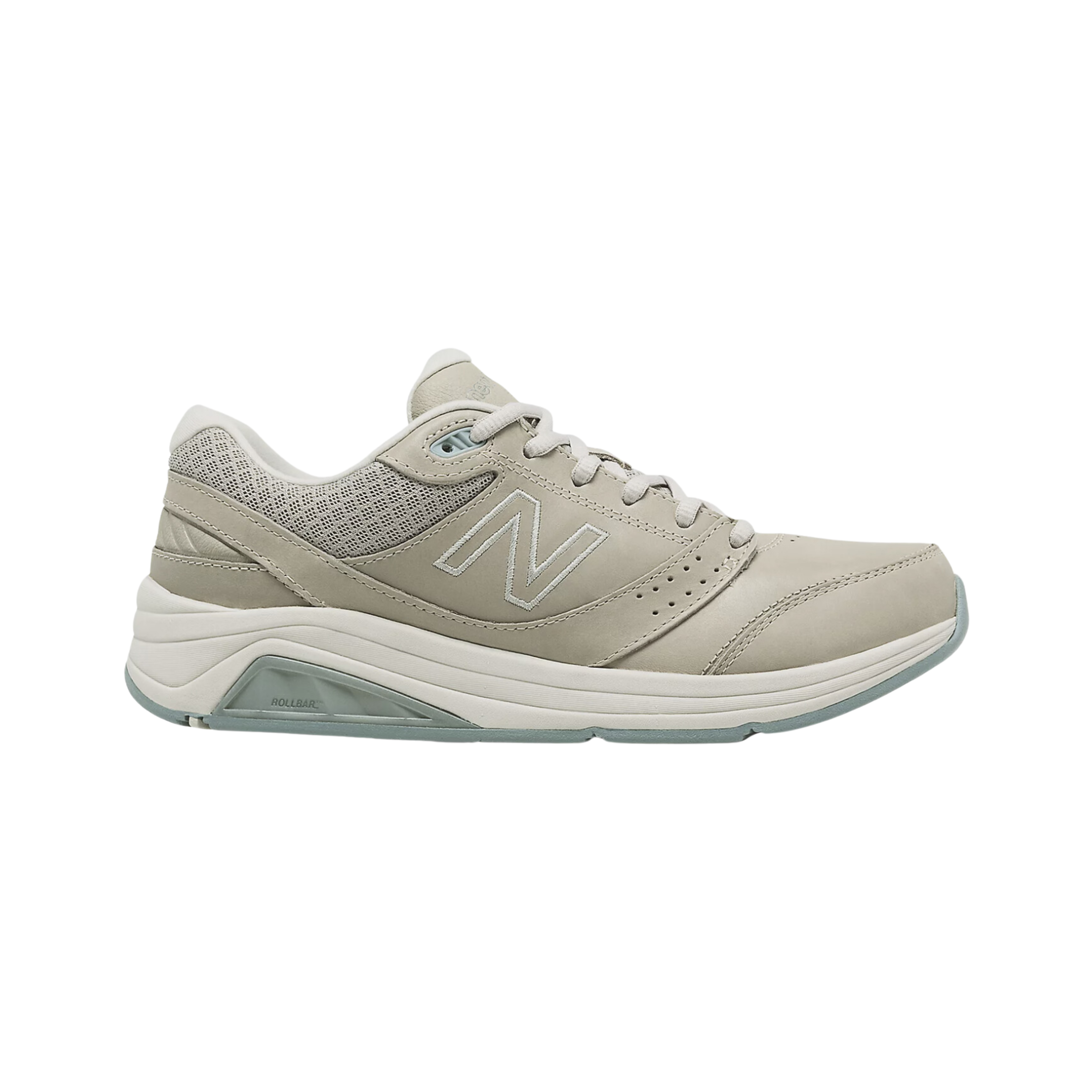 Side View of Women’s New Balance 928v3 walking shoe in grey – featuring a supportive leather upper, ABZORB midsole cushioning for impact absorption, and a motion-control design for enhanced walking stability.