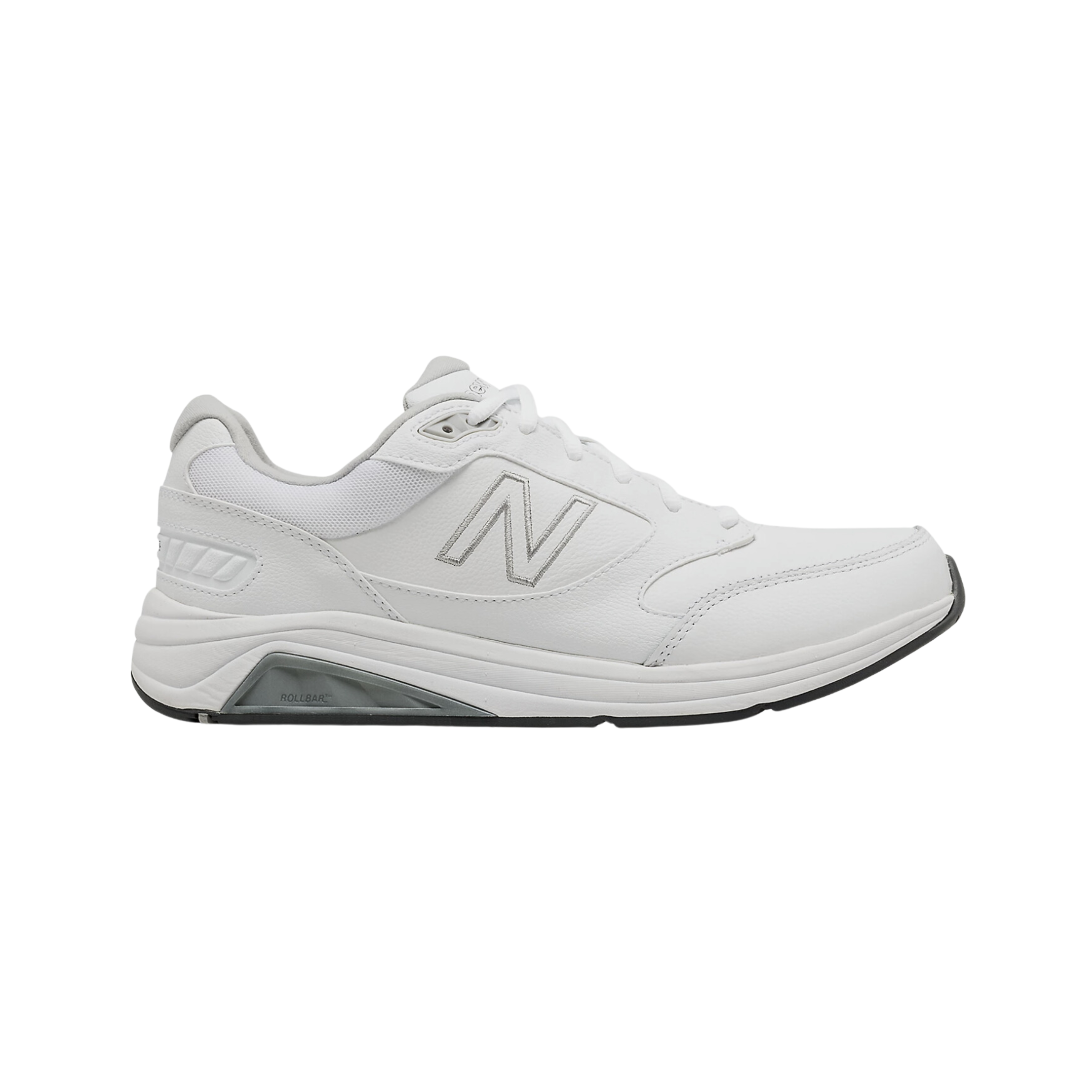 Side View of Men’s New Balance 928v3 walking shoe in white – featuring a supportive leather upper, padded tongue and collar for ankle comfort, and a secure lacing system over a motion control platform with ROLLBAR® stability technology for enhanced arch and heel support.