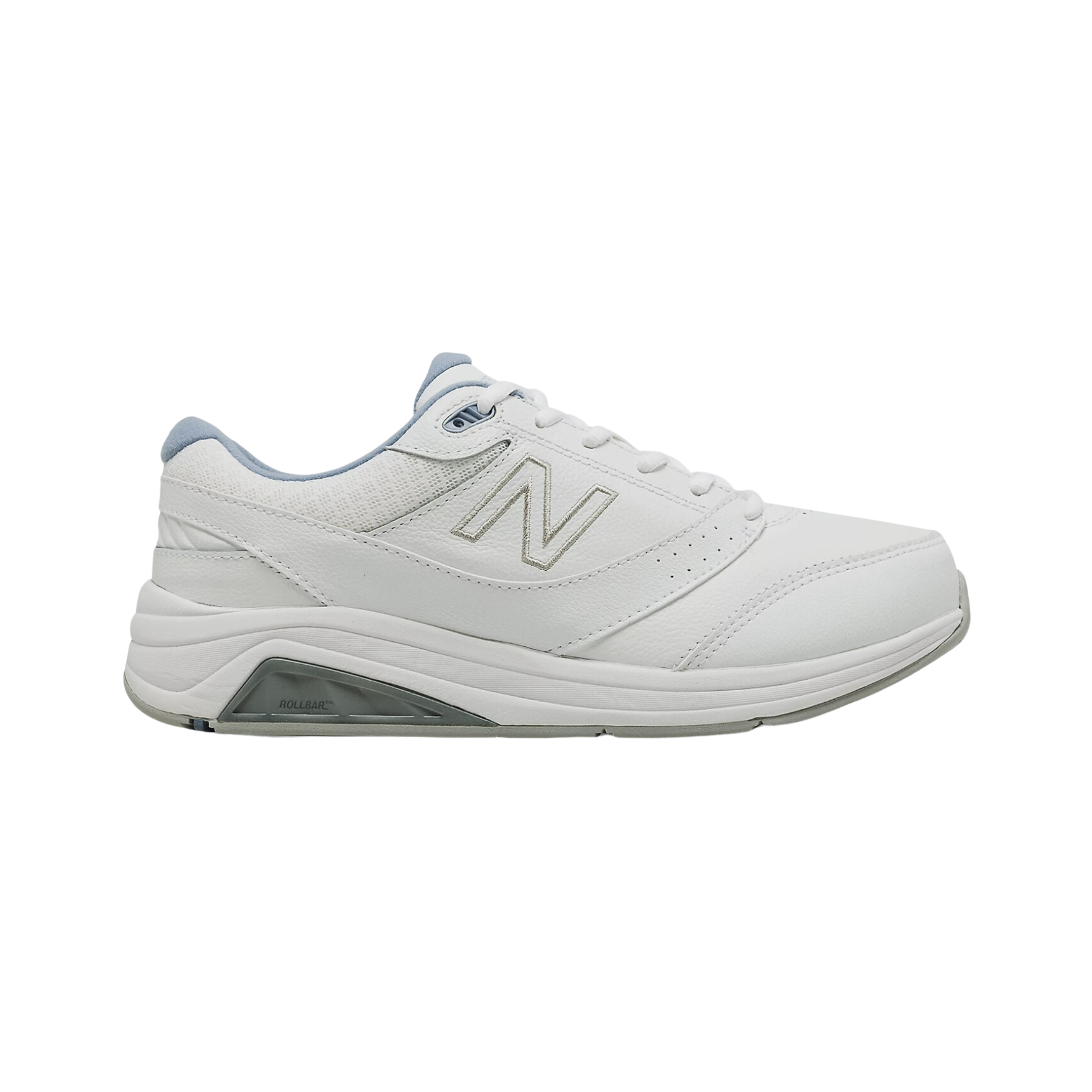 Side View of Women’s New Balance 928v3 walking shoe in white with blue – featuring a motion-control midsole, ABZORB cushioning for shock absorption, and a supportive heel counter to promote alignment and reduce overpronation.