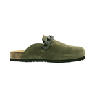 Side View of Women’s Naot Memphis shoe in olive suede – featuring a soft suede upper, a supportive contoured cork and latex footbed, and a lightweight, flexible sole for all-day walking comfort.