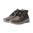 Side View of Women’s Naot Polaris shoe in foggy gray and gray marble – featuring a soft suede and leather upper, a cushioned cork and latex footbed for all-day comfort, and a slip-resistant flexible outsole for stability.