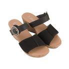 Side View of Women’s Naot Breezy shoe in black velvet and soft black leather – featuring a smooth leather upper with subtle texture, a lightweight flexible sole, and a low wedge heel for comfort.