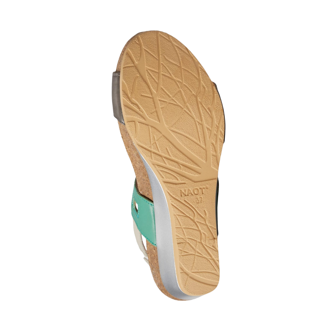 Bottom view of Women’s Dynasty in Foggy Gray/Soft Jade/Soft Ivory Leather – showing a padded heel with Soft Jade and Soft Ivory accents, a heel pull tab, and stitched leather panels for supportive everyday wear.