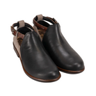 Front View of Women’s Naot Kasmin ankle boot in black raven stone and luggage brown – featuring a rounded toe, multi-tone leather paneling, and sleek ankle-height silhouette.