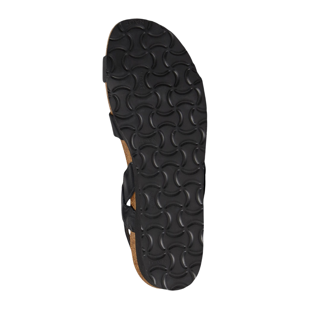 Bottom view of Women’s Kayla in Black Matte Leather – featuring a lightweight, slip-resistant rubber outsole with textured tread for traction and smooth movement on a variety of surfaces.