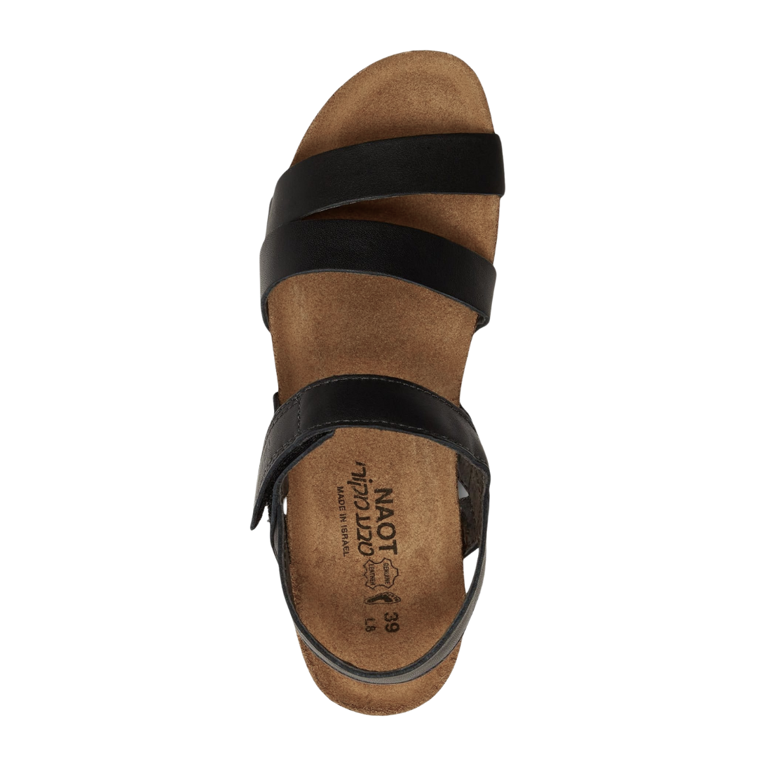 Top view of Women’s Kayla in Black Matte Leather – displaying three asymmetrical black leather straps, a cushioned footbed with subtle arch support, and a modern, ergonomic sandal layout for all-day comfort.