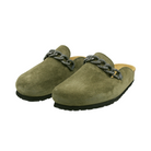 Side View of Women’s Naot Memphis shoe in olive suede – featuring a soft suede upper, supportive low wedge sole, and flexible lightweight design.