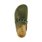 Top View of Women’s Naot Memphis shoe in olive suede – featuring a cushioned contoured footbed, slip-on style with dual side goring, and smooth interior lining for comfort.