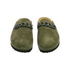Front View of Women’s Naot Memphis shoe in olive suede – featuring a rounded toe silhouette, soft suede finish, and streamlined slip-on profile.