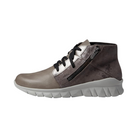 Side View of Women’s Naot Polaris shoe in foggy gray and gray marble – featuring a soft leather and suede upper, a supportive contoured cork and latex footbed, and a lightweight, flexible sole for all-day comfort.