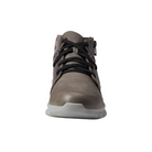 Front View of Women’s Naot Polaris shoe in foggy gray and gray marble – featuring a rounded toe silhouette, smooth and suede leather combination, and casual walking style.