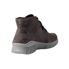 Angled View of Women’s Naot Polaris shoe in foggy gray and gray marble – featuring a rounded toe design, multi-panel leather accents, and cushioned interior for supportive wear.
