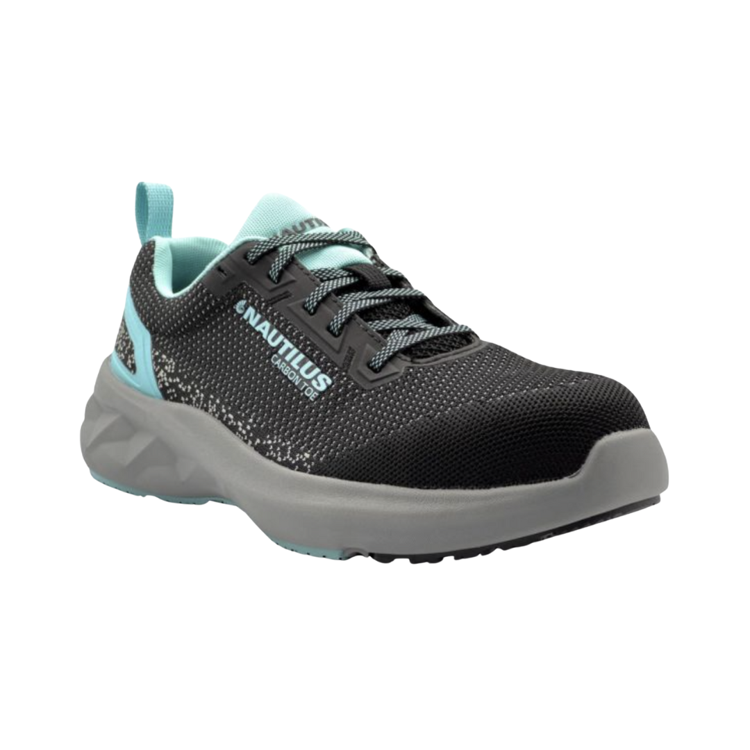 Angled View of Women’s Nautilus Springwater Carbon Fiber Toe Work Shoe in Black Aruba – featuring a combination of protective carbon fiber toe, breathable mesh upper with reinforced overlays, and a lightweight cushioned midsole designed for all-day comfort and performance.
