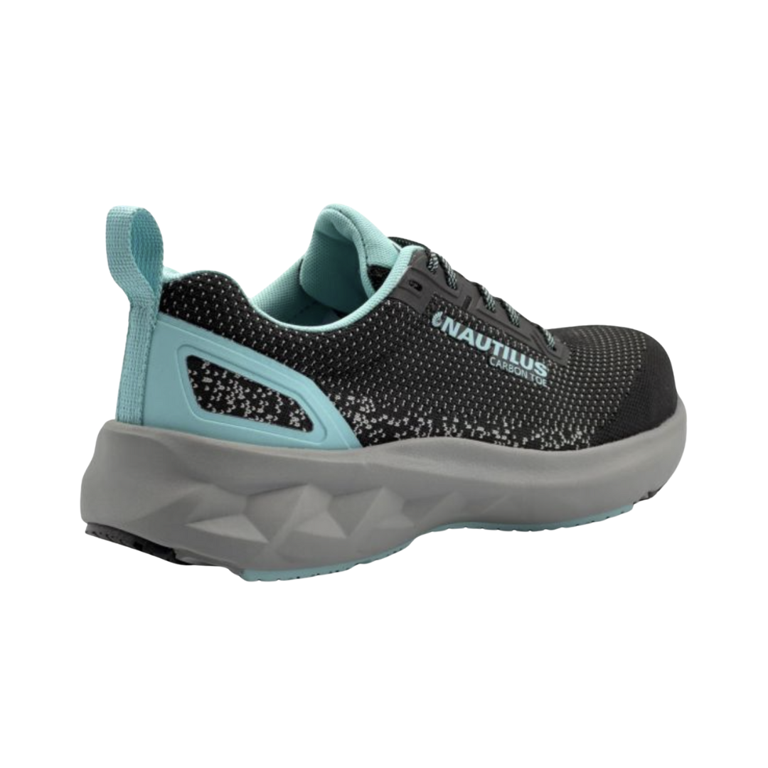 Angled View of Women’s Nautilus Springwater Carbon Fiber Toe Work Shoe in Black Aruba – featuring a combination of protective carbon fiber toe, breathable mesh upper with reinforced overlays, and a cushioned insole paired with a lightweight midsole for all-day wearability.
