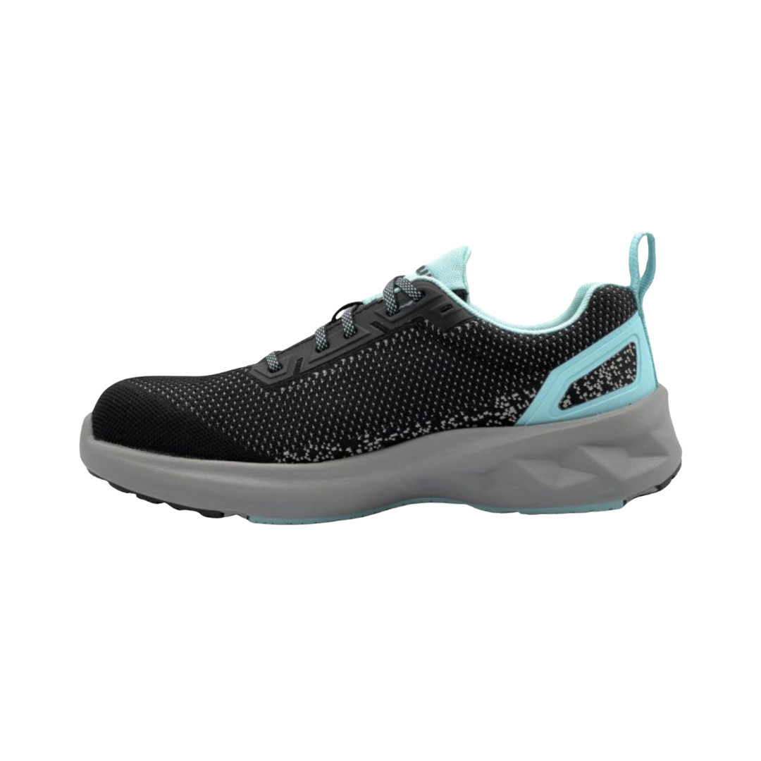 Side View of Women’s Nautilus Springwater Carbon Fiber Toe Work Shoe in Black Aruba – featuring a slip-resistant rubber outsole for superior traction, a supportive midsole to reduce foot fatigue, and a modern low-profile design suitable for active work environments.