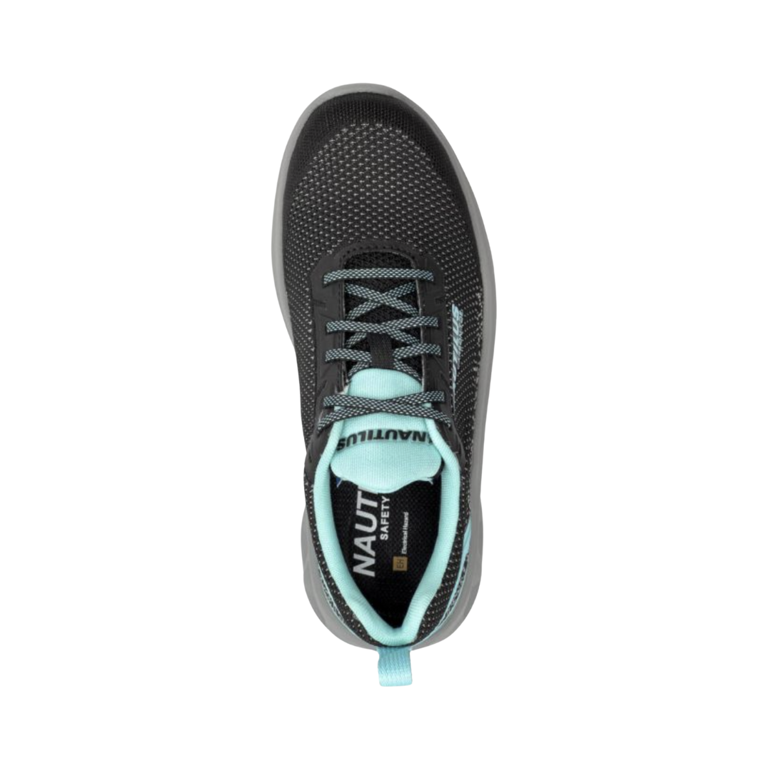 Top View of Women’s Nautilus Springwater Carbon Fiber Toe Work Shoe in Black Aruba – featuring a lightweight carbon fiber safety toe for protection without the bulk, a breathable mesh and synthetic upper for improved airflow, and a cushioned insole for enhanced all-day comfort.