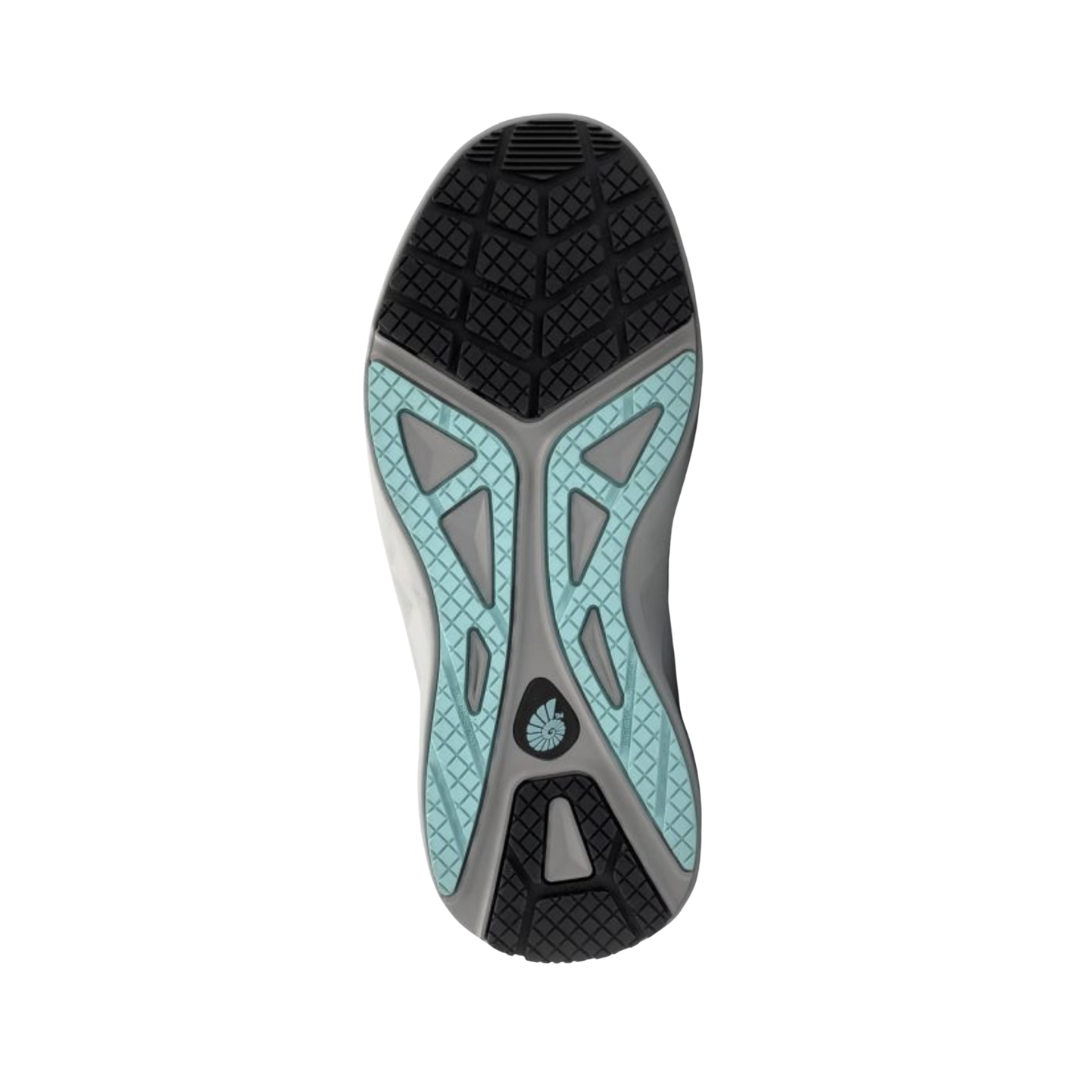 Bottom View of Women’s Nautilus Springwater Carbon Fiber Toe Work Shoe in Black Aruba – featuring a durable slip-resistant tread pattern for stability on various surfaces, an oil- and abrasion-resistant outsole, and a flexible design that promotes natural foot movement.