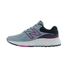 Side View of Women’s New Balance 840v5 running shoe in cyclone eclipse with magenta pop – featuring ABZORB midsole cushioning, no-sew synthetic overlays, and breathable mesh for ventilation.