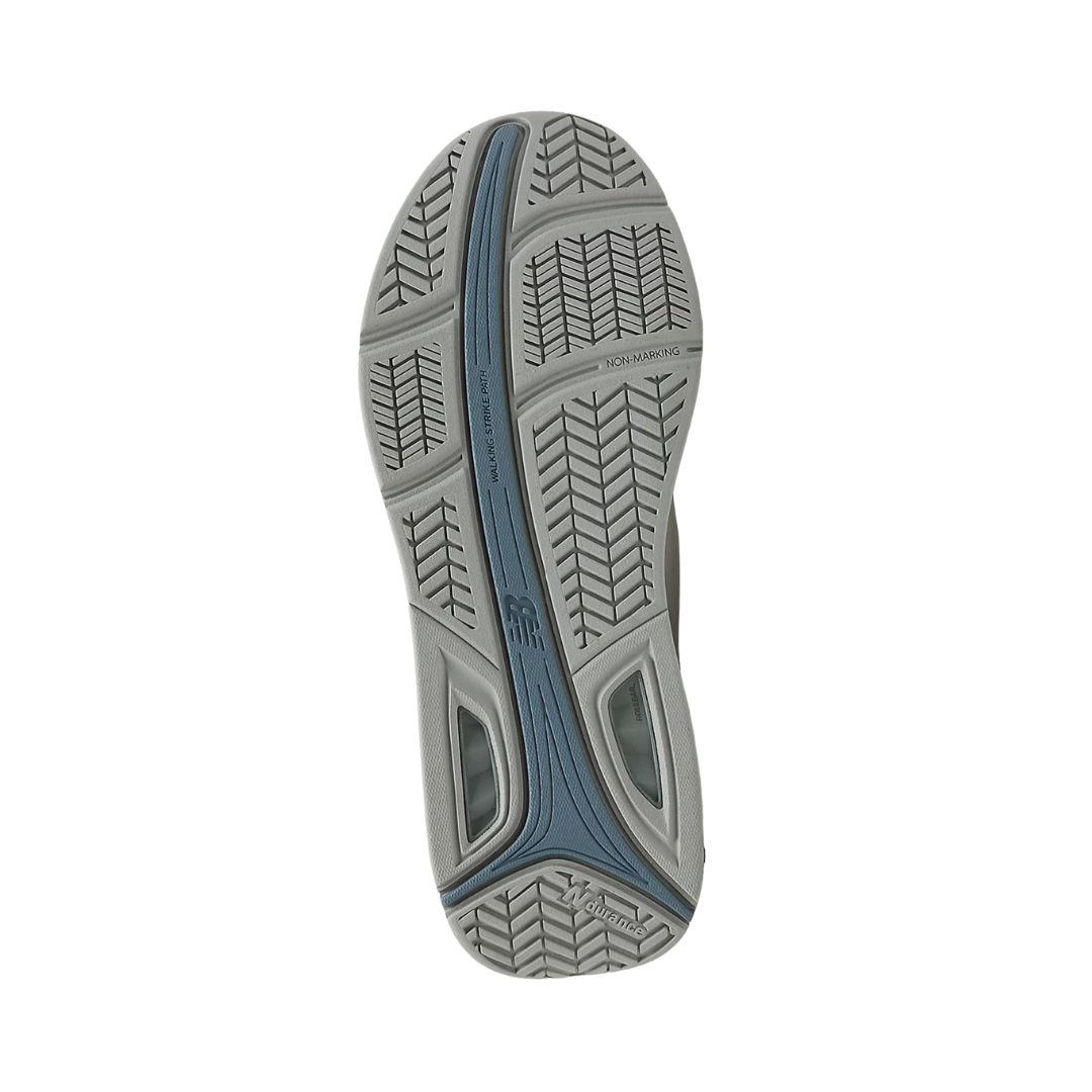 Bottom View of Women’s New Balance 928v3 walking shoe in white with blue – featuring a non-marking rubber outsole, ROLLBAR® technology for rearfoot stability, and patterned tread for reliable traction and slip resistance.